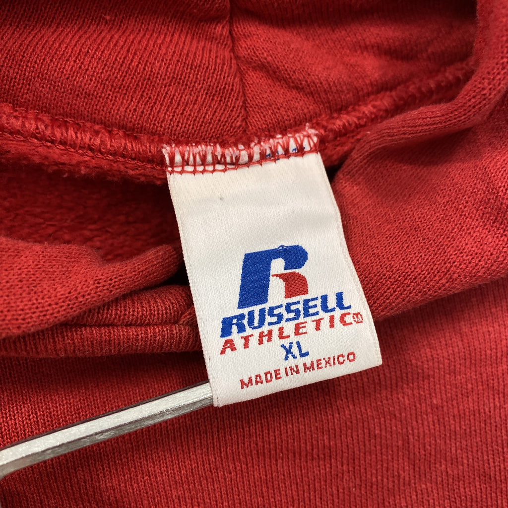 90s　RUSSELL ATHLETIC　ラッセルアスレチック　スウェットパーカー/フーディー　3連プリント　ヴィンテージ　赤　レッド　XLサイズ　古着