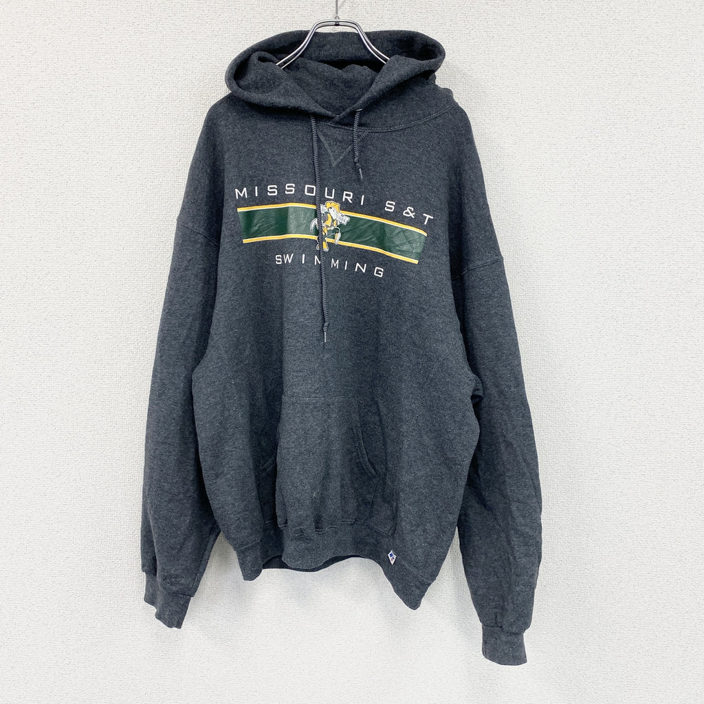 00s　RUSSELL ATHLETIC　ラッセルアスレチック　スウェットパーカー/フーディー　前V　3連プリント　ヴィンテージ　灰色　グレー　XLサイズ　古着