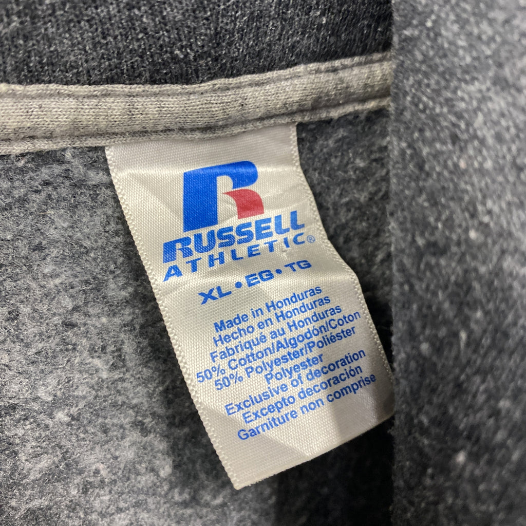 00s　RUSSELL ATHLETIC　ラッセルアスレチック　スウェットパーカー/フーディー　前V　3連プリント　ヴィンテージ　灰色　グレー　XLサイズ　古着