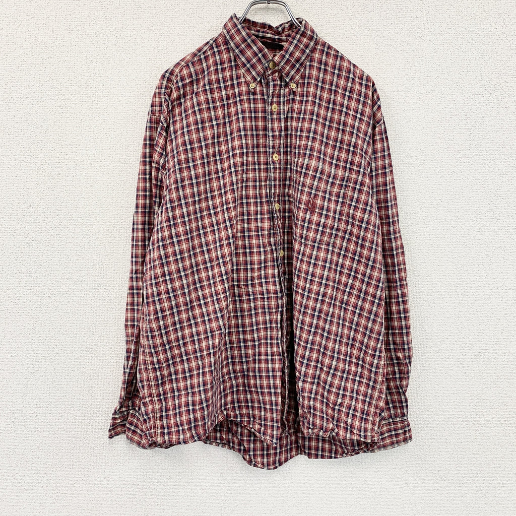 90s　NAUTICA　ノーティカ　長袖ボタンダウンシャツ　ネルシャツ　ロゴ刺　チェック柄　ヴィンテージ　赤　レッド　Lサイズ　古着