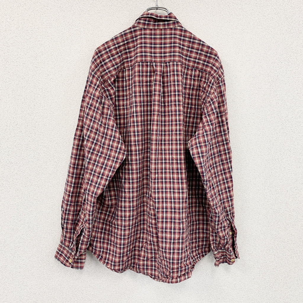 90s　NAUTICA　ノーティカ　長袖ボタンダウンシャツ　ネルシャツ　ロゴ刺　チェック柄　ヴィンテージ　赤　レッド　Lサイズ　古着