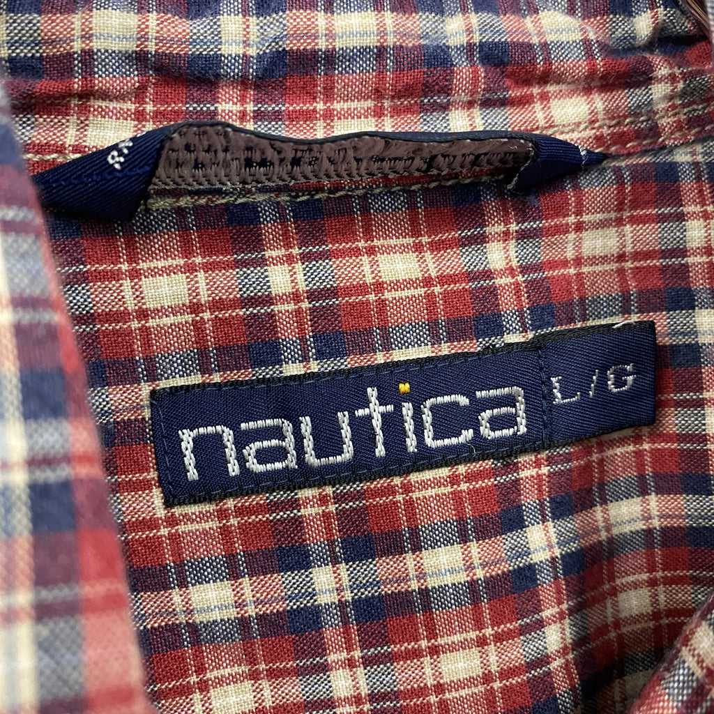 90s　NAUTICA　ノーティカ　長袖ボタンダウンシャツ　ネルシャツ　ロゴ刺　チェック柄　ヴィンテージ　赤　レッド　Lサイズ　古着