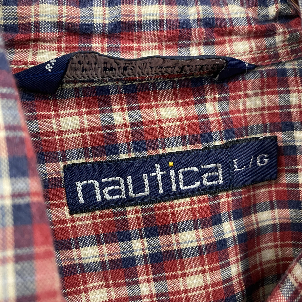 90s　NAUTICA　ノーティカ　長袖ボタンダウンシャツ　ネルシャツ　ロゴ刺　チェック柄　ヴィンテージ　赤　レッド　Lサイズ　古着