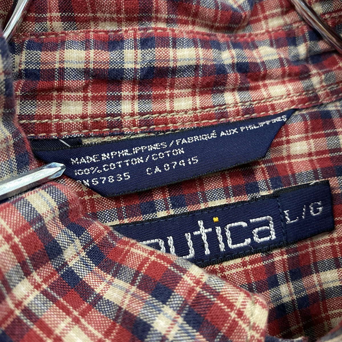 90s　NAUTICA　ノーティカ　長袖ボタンダウンシャツ　ネルシャツ　ロゴ刺　チェック柄　ヴィンテージ　赤　レッド　Lサイズ　古着