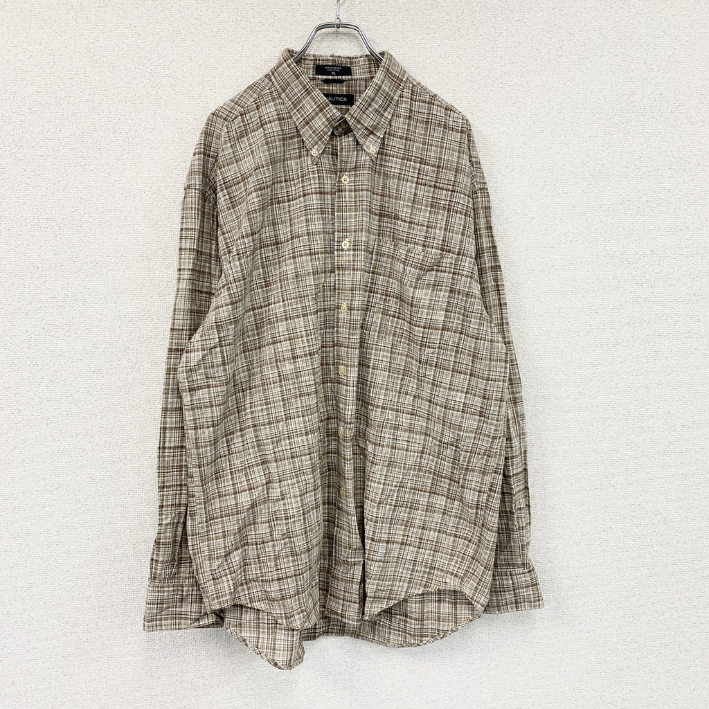 ～00s　NAUTICA　ノーティカ　長袖ボタンダウンシャツ　ネルシャツ　チェック柄　ヴィンテージ　茶色　ブラウン　XLサイズ　古着