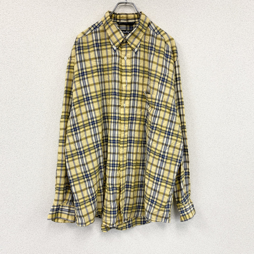 90s　NAUTICA　ノーティカ　長袖ボタンダウンシャツ　ロゴ刺　チェック柄　ヴィンテージ　黄色　イエロー　XLサイズ　古着
