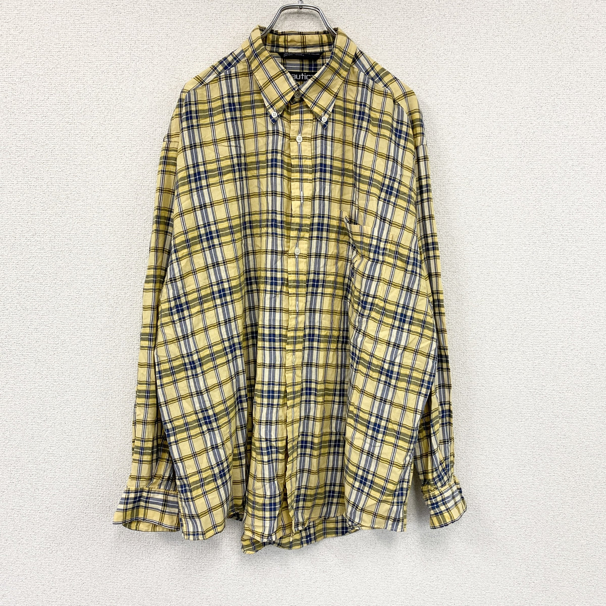 90s　NAUTICA　ノーティカ　長袖ボタンダウンシャツ　ロゴ刺　チェック柄　ヴィンテージ　黄色　イエロー　XLサイズ　古着