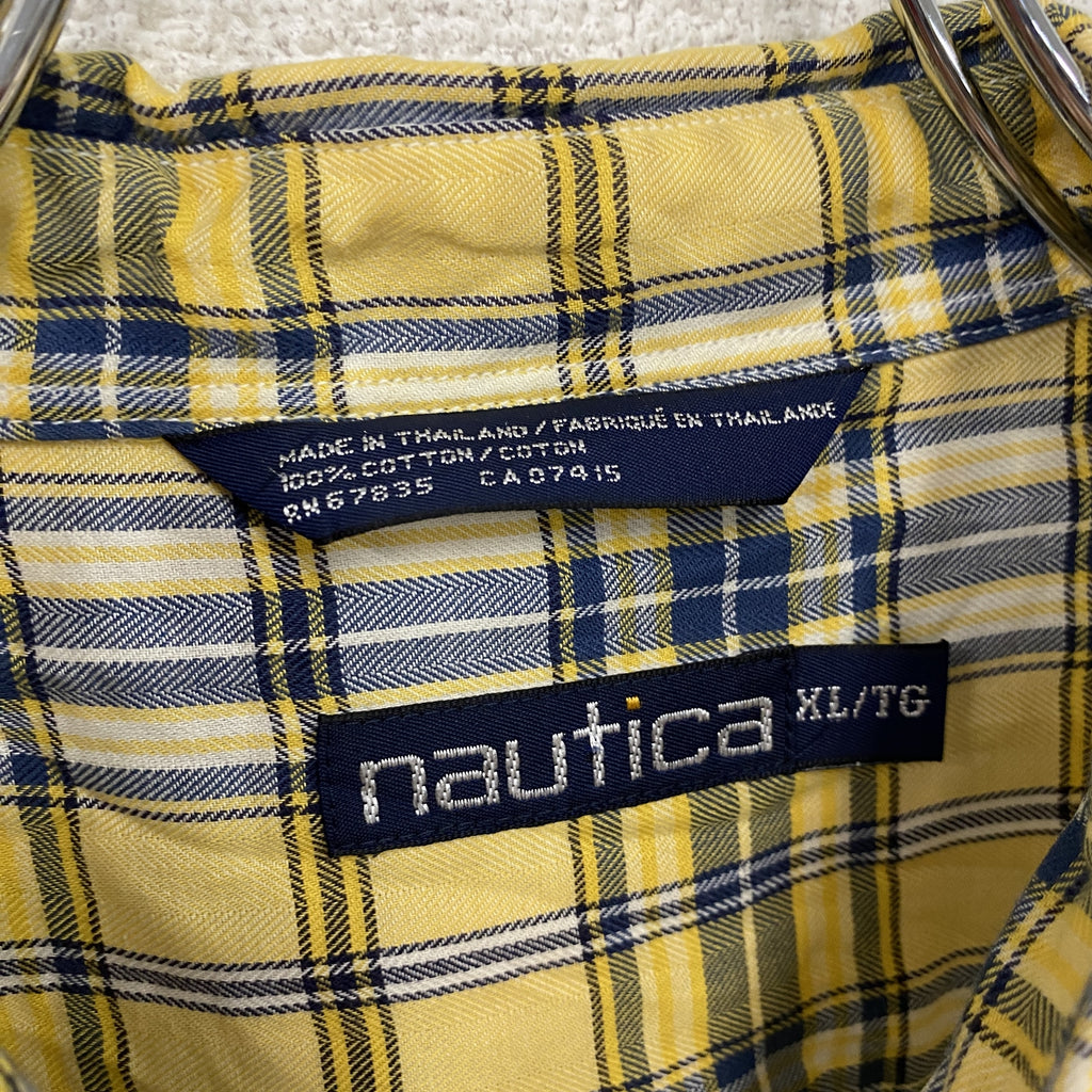 90s　NAUTICA　ノーティカ　長袖ボタンダウンシャツ　ロゴ刺　チェック柄　ヴィンテージ　黄色　イエロー　XLサイズ　古着