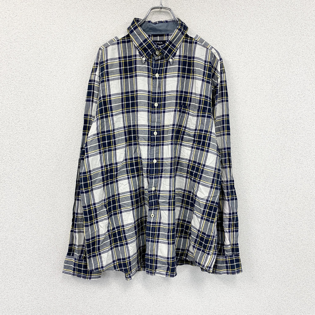 NAUTICA　ノーティカ　長袖ボタンダウンシャツ　チェック柄　紺　ネイビー　XLサイズ　古着