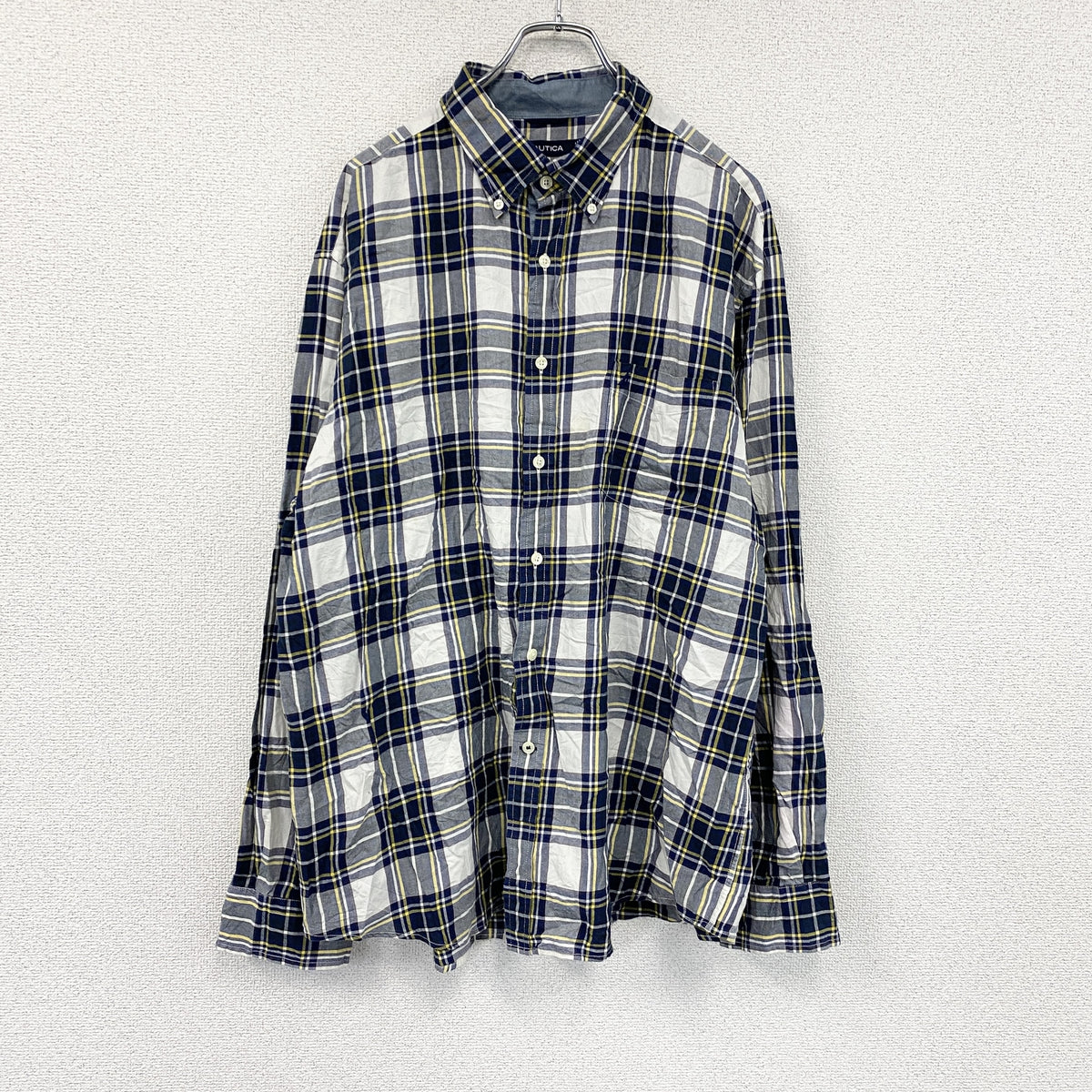 NAUTICA　ノーティカ　長袖ボタンダウンシャツ　チェック柄　紺　ネイビー　XLサイズ　古着