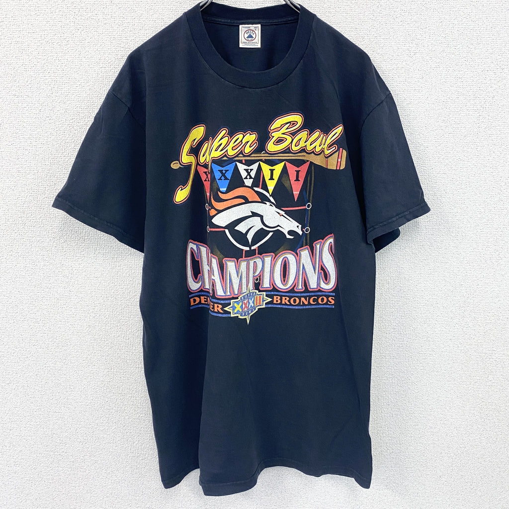 DELTA　デルタ　半袖プリントTシャツ　スーパーボウル　ブロンコス　黒　ブラック　Lサイズ カットソー コットン 古着