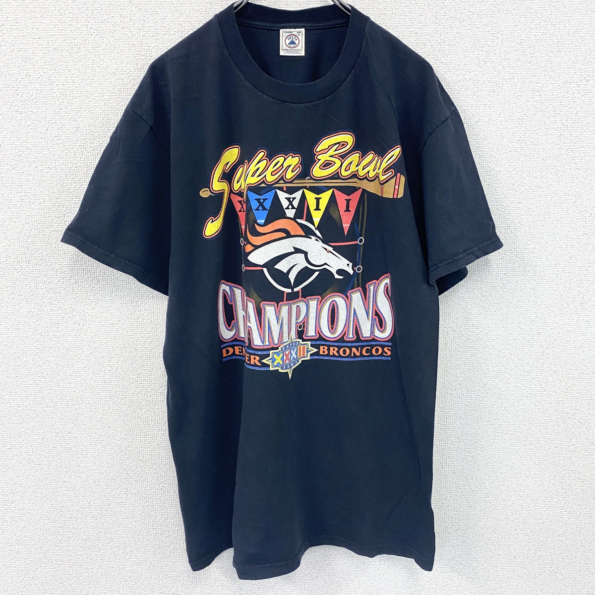 DELTA　デルタ　半袖プリントTシャツ　スーパーボウル　ブロンコス　黒　ブラック　Lサイズ カットソー コットン 古着