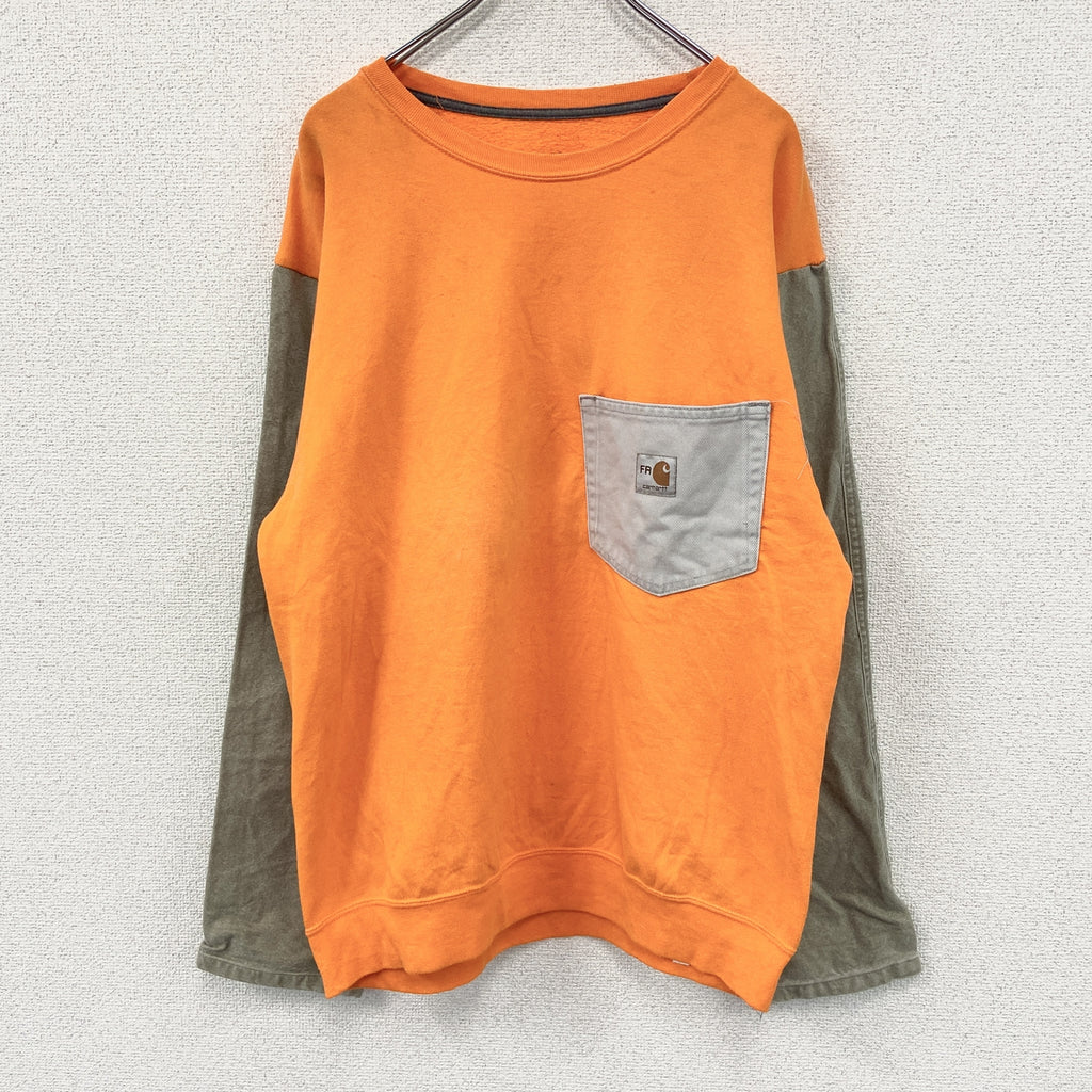 FRUIT OF THE LOOM　フルーツオブザルーム　Carhartt　カーハート　スウェット/トレーナー　リメイク加工　バイカラー　オレンジ　ベージュ　Lサイズ　古着