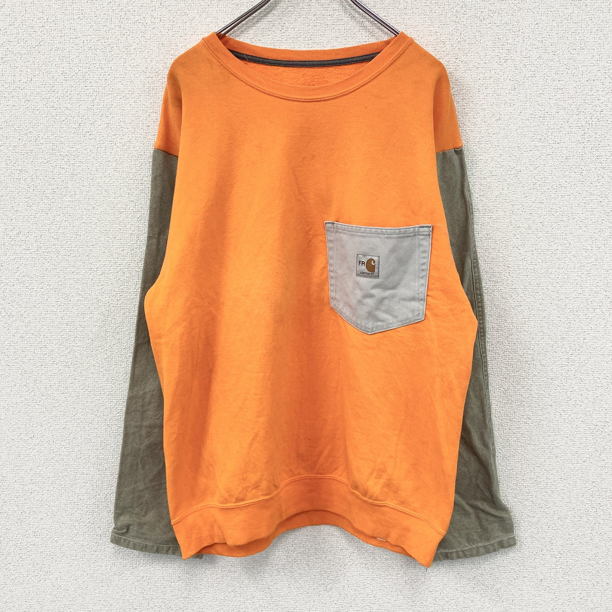 FRUIT OF THE LOOM　フルーツオブザルーム　Carhartt　カーハート　スウェット/トレーナー　リメイク加工　バイカラー　オレンジ　ベージュ　Lサイズ　古着