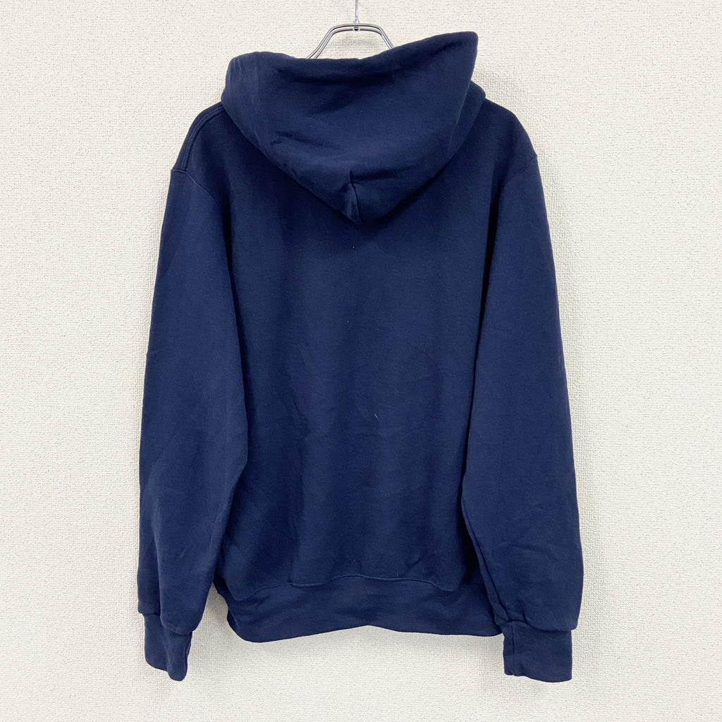 00s　RUSSELL ATHLETIC　ラッセルアスレチック　スウェットパーカー/フーディー　前V　3連プリント　ヴィンテージ　紺　ネイビー　Mサイズ トレーナー スウェットトップス フード付き 古着