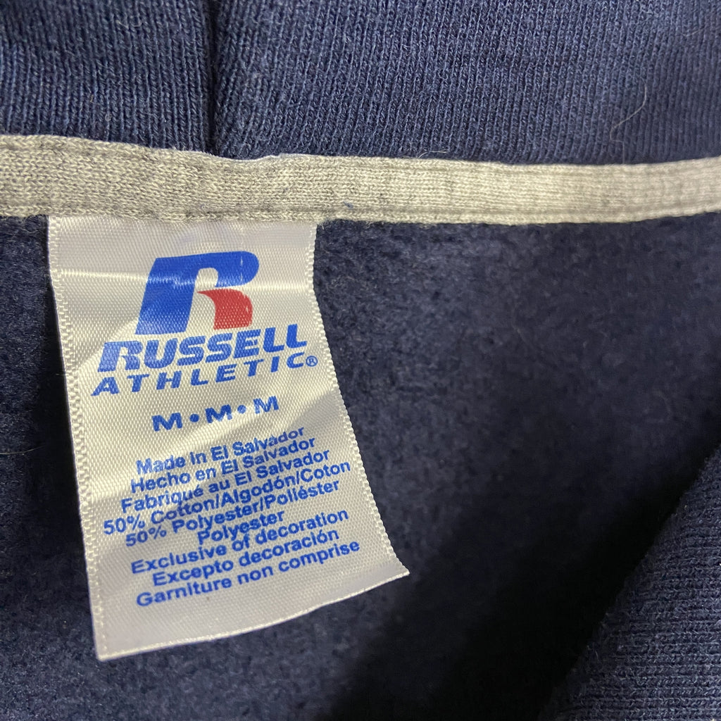 00s　RUSSELL ATHLETIC　ラッセルアスレチック　スウェットパーカー/フーディー　前V　3連プリント　ヴィンテージ　紺　ネイビー　Mサイズ トレーナー スウェットトップス フード付き 古着