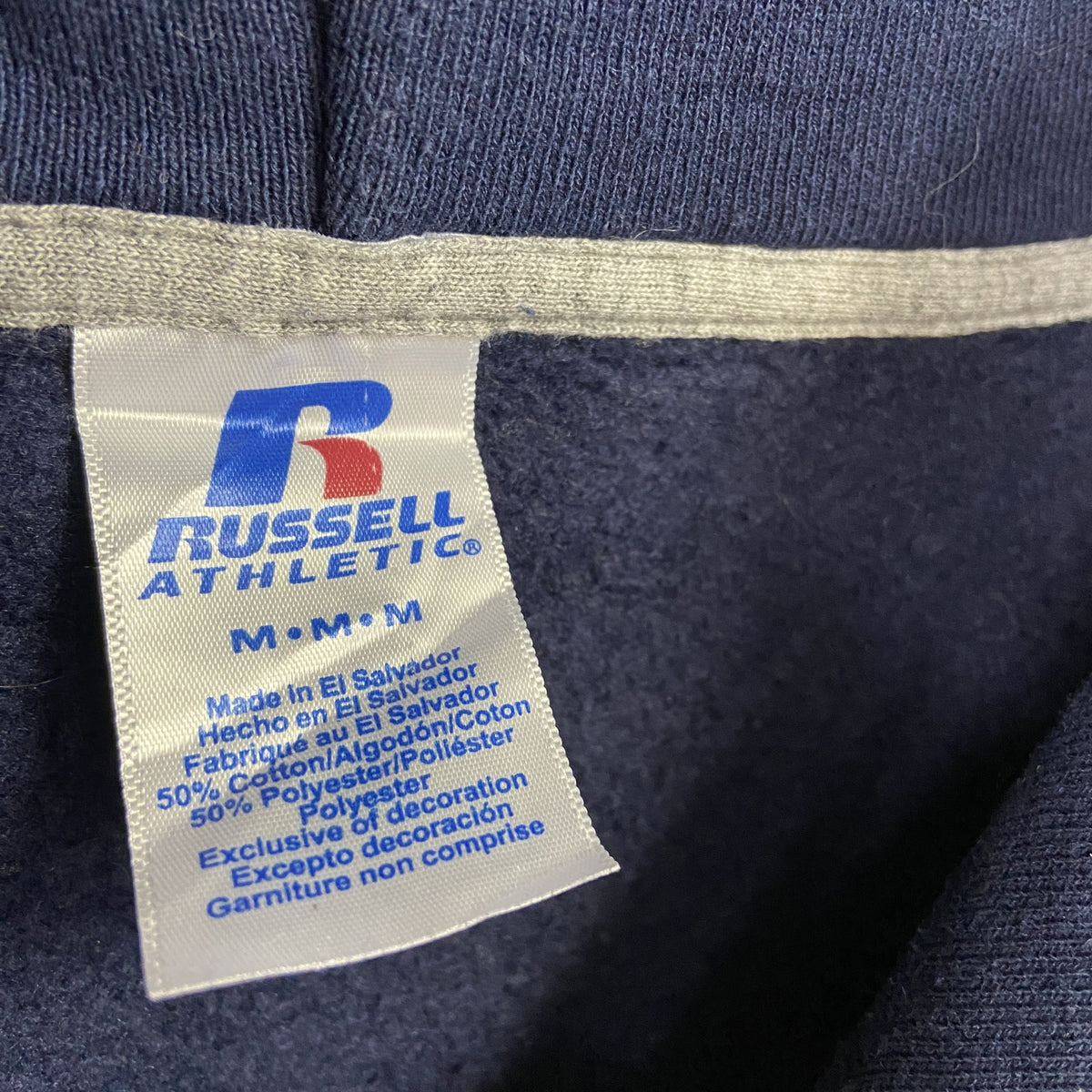 00s　RUSSELL ATHLETIC　ラッセルアスレチック　スウェットパーカー/フーディー　前V　3連プリント　ヴィンテージ　紺　ネイビー　Mサイズ トレーナー スウェットトップス フード付き 古着