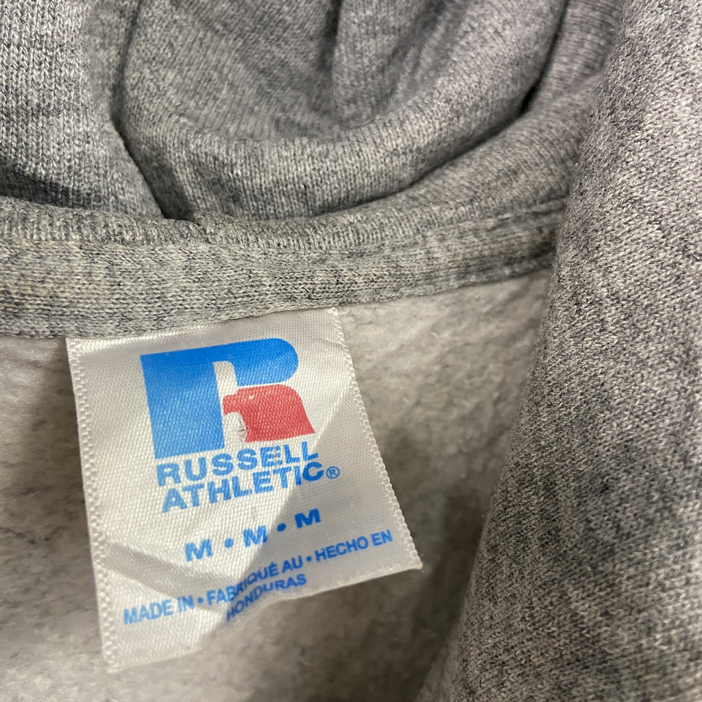 RUSSELL ATHLETIC　ラッセルアスレチック　スウェットパーカー/フーディー　前V　3連プリント　灰色　グレー　Mサイズ トレーナー スウェットトップス フード付き 古着