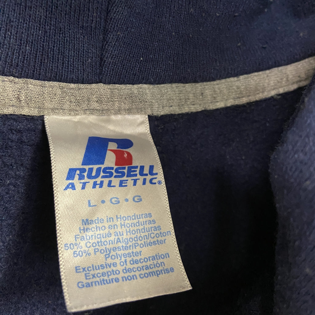 ～00s　RUSSELL ATHLETIC　ラッセルアスレチック　スウェットパーカー/フーディー　4連プリント　前V　ヴィンテージ　紺　ネイビー　Lサイズ トレーナー スウェットトップス フード付き 古着