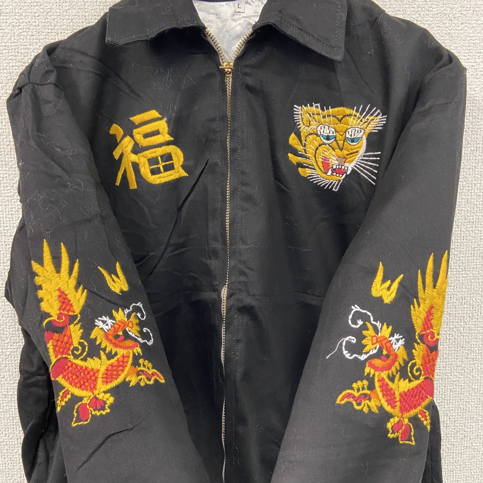 ベトジャン　ベトナムジャケット　スーベニアジャケット　ブルゾン　レプリカ　リメイク　刺繍　黒　ブラック　Lサイズ　古着