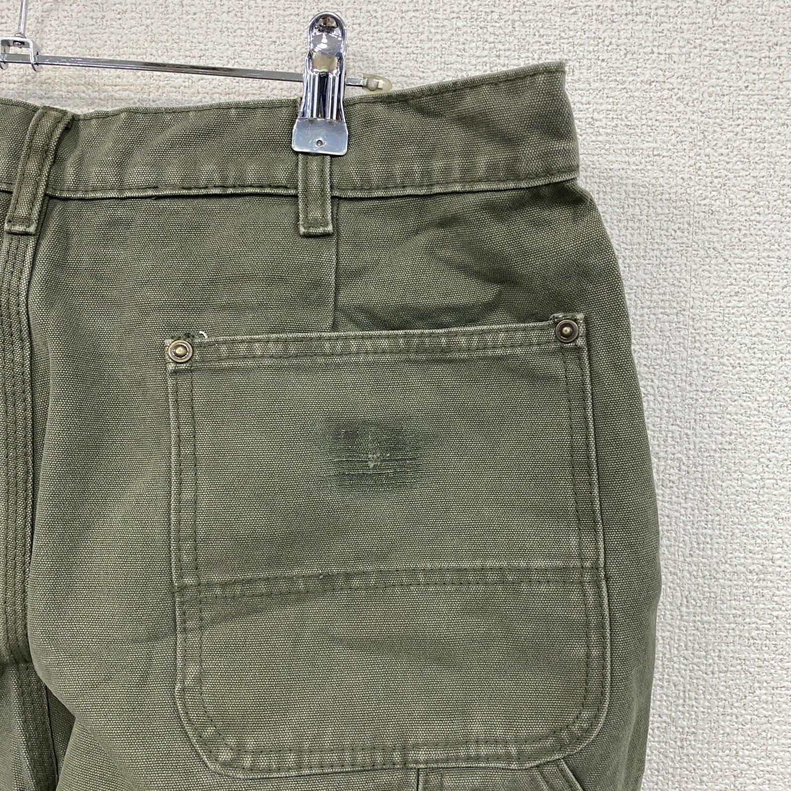 ノーブランド　ダブルニーペインターパンツ　ダックパンツ　ジップフライ　カーキ　古着