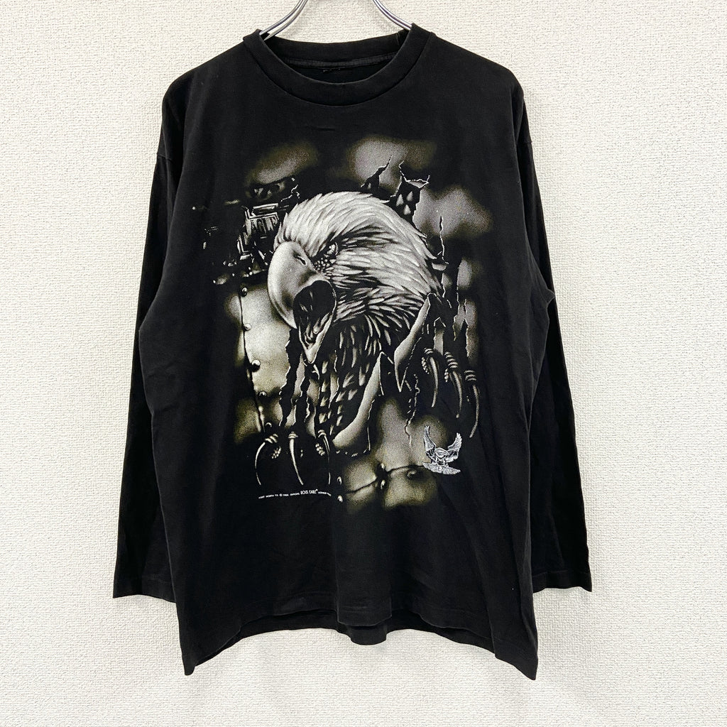 長袖プリントアニマルTシャツ/ロンT　バイク　両面プリント　全面プリント　黒　ブラック　古着