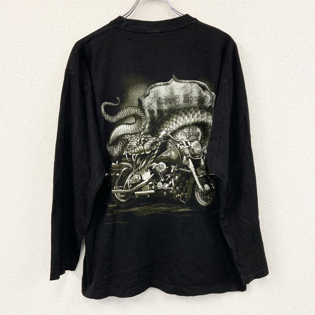 長袖プリントアニマルTシャツ/ロンT　バイク　両面プリント　全面プリント　黒　ブラック　古着