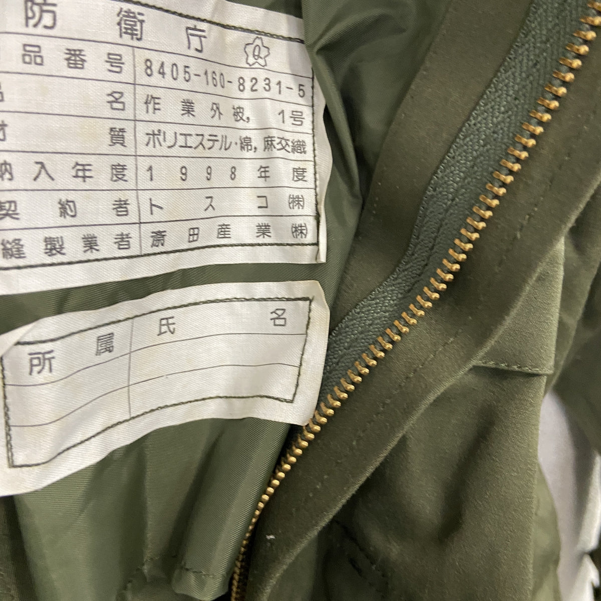 作業外被1号　防衛庁　帝国繊維KK　斉藤産業KK　陸上自衛隊　1998年製　ミリタリージャケット　カーキ　1号サイズ　古着
