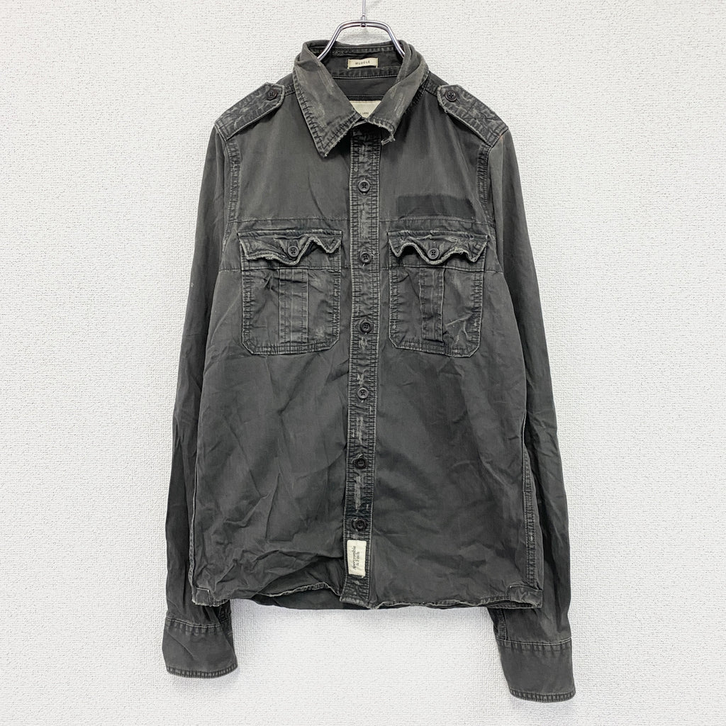 Abercrombie＆Fitch　アバクロンビー＆フィッチ　長袖ワークシャツ　ダブルポケット　ダメージ加工　グレー　Mサイズ　古着