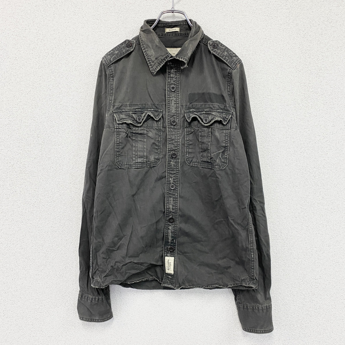 Abercrombie＆Fitch　アバクロンビー＆フィッチ　長袖ワークシャツ　ダブルポケット　ダメージ加工　グレー　Mサイズ　古着