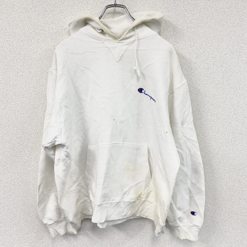 Champion　チャンピオン　スウェットパーカー/フーディー　刺繍ロゴ　白　ホワイト　Lサイズ　古着