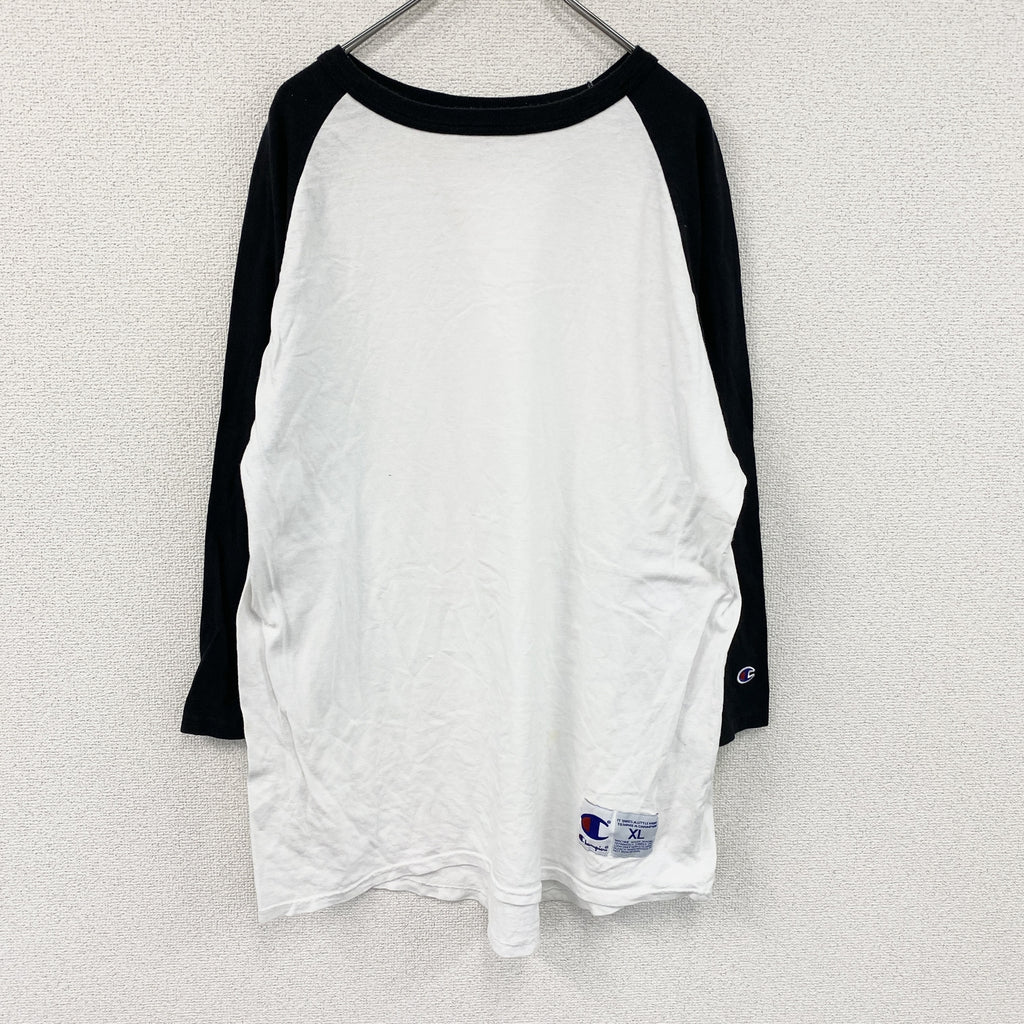 champion　チャンピオン　七分丈プリントTシャツ　ラグラン　黒　ブラック　白　ホワイト　XLサイズ　古着