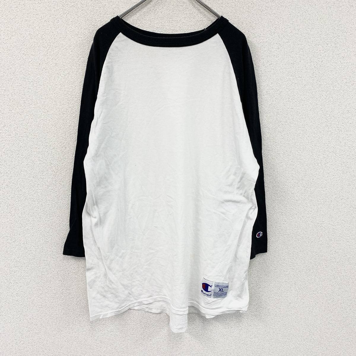 champion　チャンピオン　七分丈プリントTシャツ　ラグラン　黒　ブラック　白　ホワイト　XLサイズ　古着