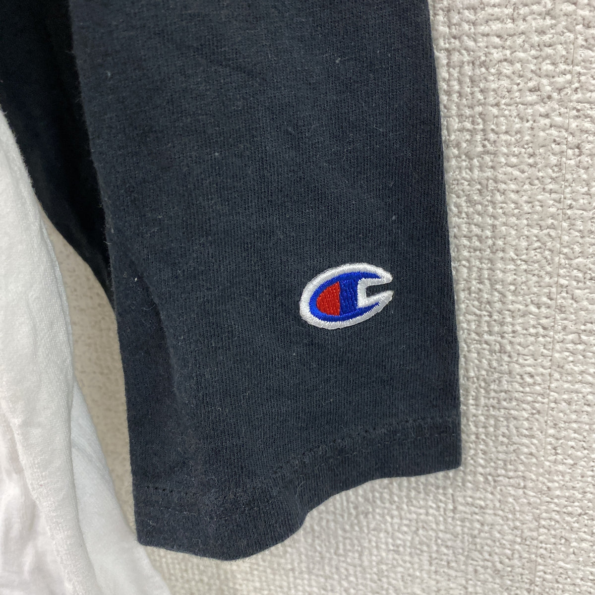 champion　チャンピオン　七分丈プリントTシャツ　ラグラン　黒　ブラック　白　ホワイト　XLサイズ　古着