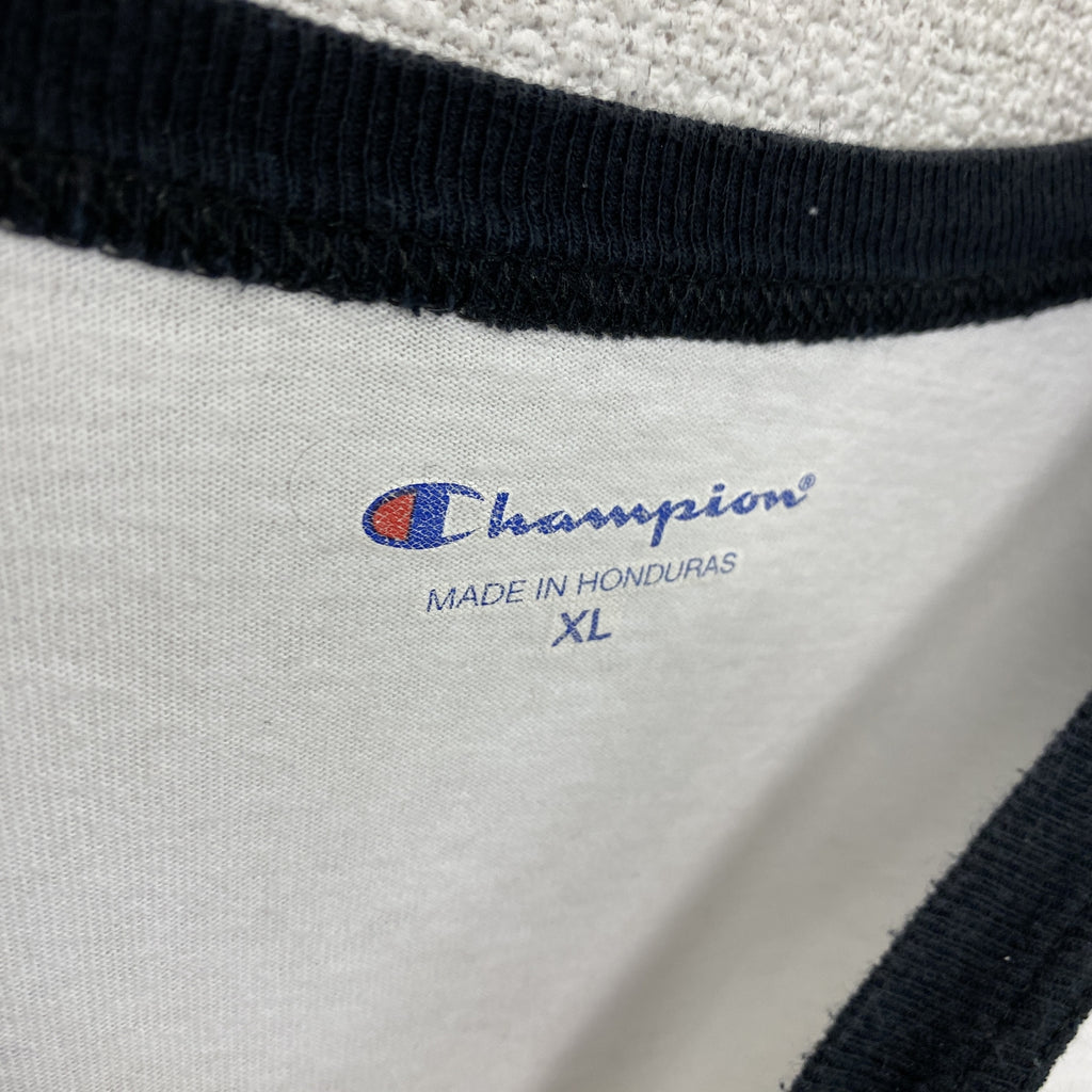 champion　チャンピオン　七分丈プリントTシャツ　ラグラン　黒　ブラック　白　ホワイト　XLサイズ　古着