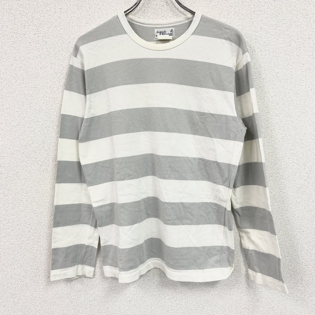 agnes b.HOMME　アニエスベーオム　長袖Tシャツ/ロンT　バイカラー　ボーダー柄　白　ホワイト　灰色　グレー　2サイズ　古着