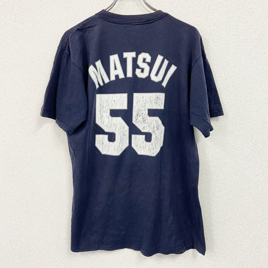 Majestic　マジェスティック　半袖プリントTシャツ　ニューヨーク　松井秀喜　ゴジラ　紺　ネイビー　Lサイズ　古着