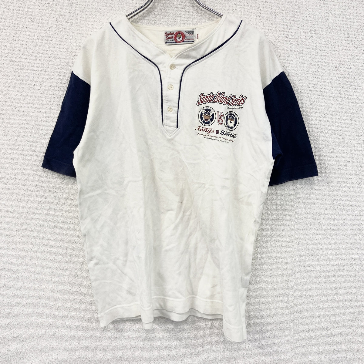 Captain Santa　キャプテンサンタ　半袖プリントTシャツ　ヘンリーネック　白　ホワイト　Lサイズ　古着