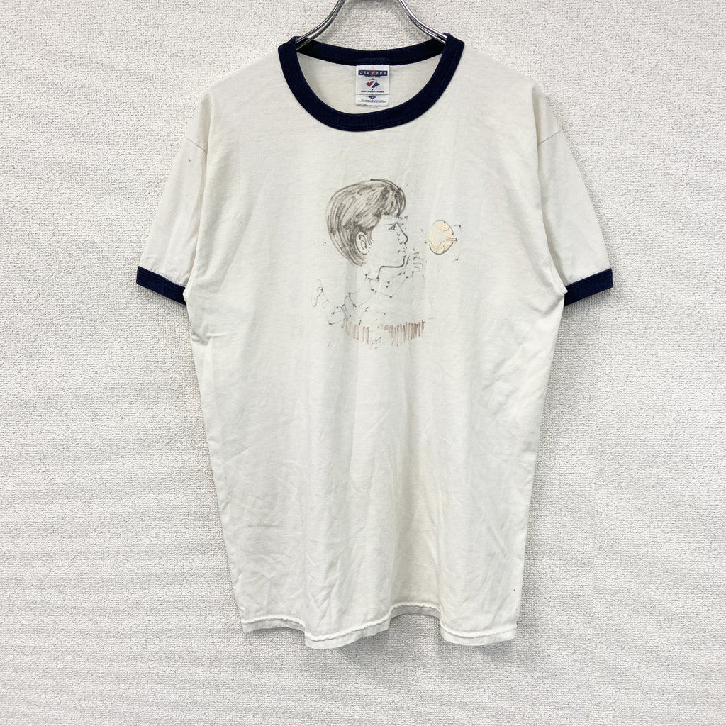 JERZEES　ジャージーズ　半袖リンガープリントTシャツ　リンガーT　両面プリント　白　ホワイト　Lサイズ　古着