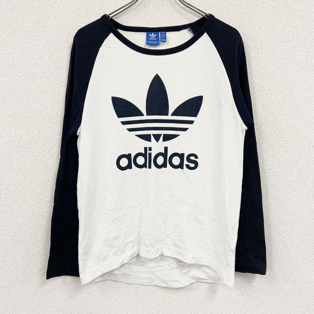 adidas　アディダス　長袖ロゴプリントTシャツ/ロンT　ラグランスリーブ　バイカラー　白　ホワイト　黒　ブラック　Lサイズ　古着