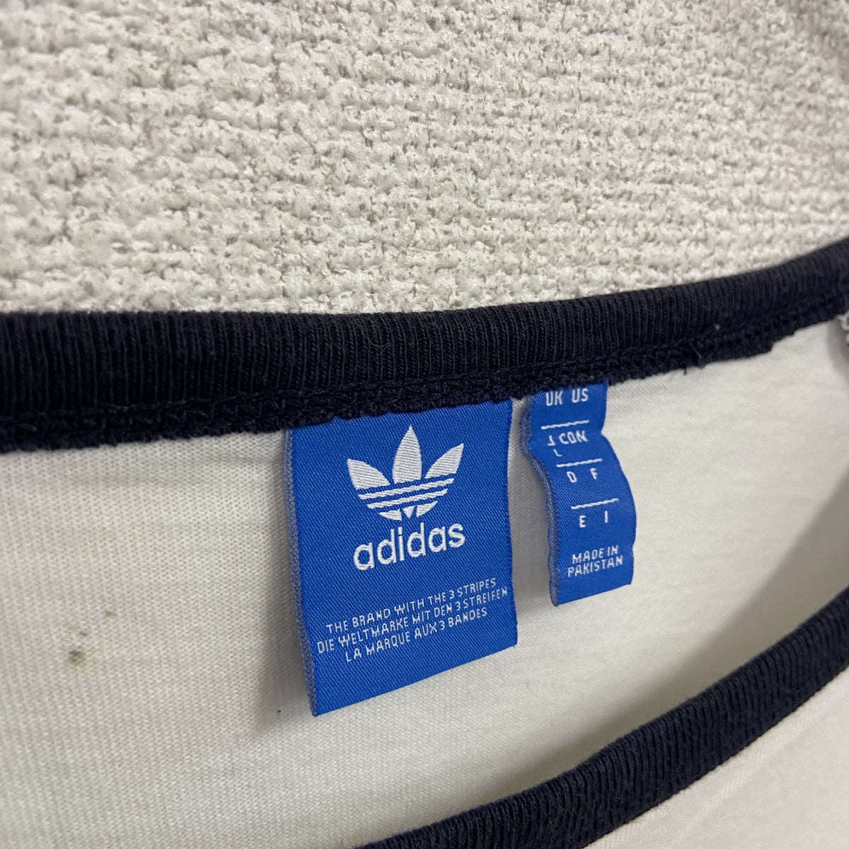 adidas　アディダス　長袖ロゴプリントTシャツ/ロンT　ラグランスリーブ　バイカラー　白　ホワイト　黒　ブラック　Lサイズ　古着