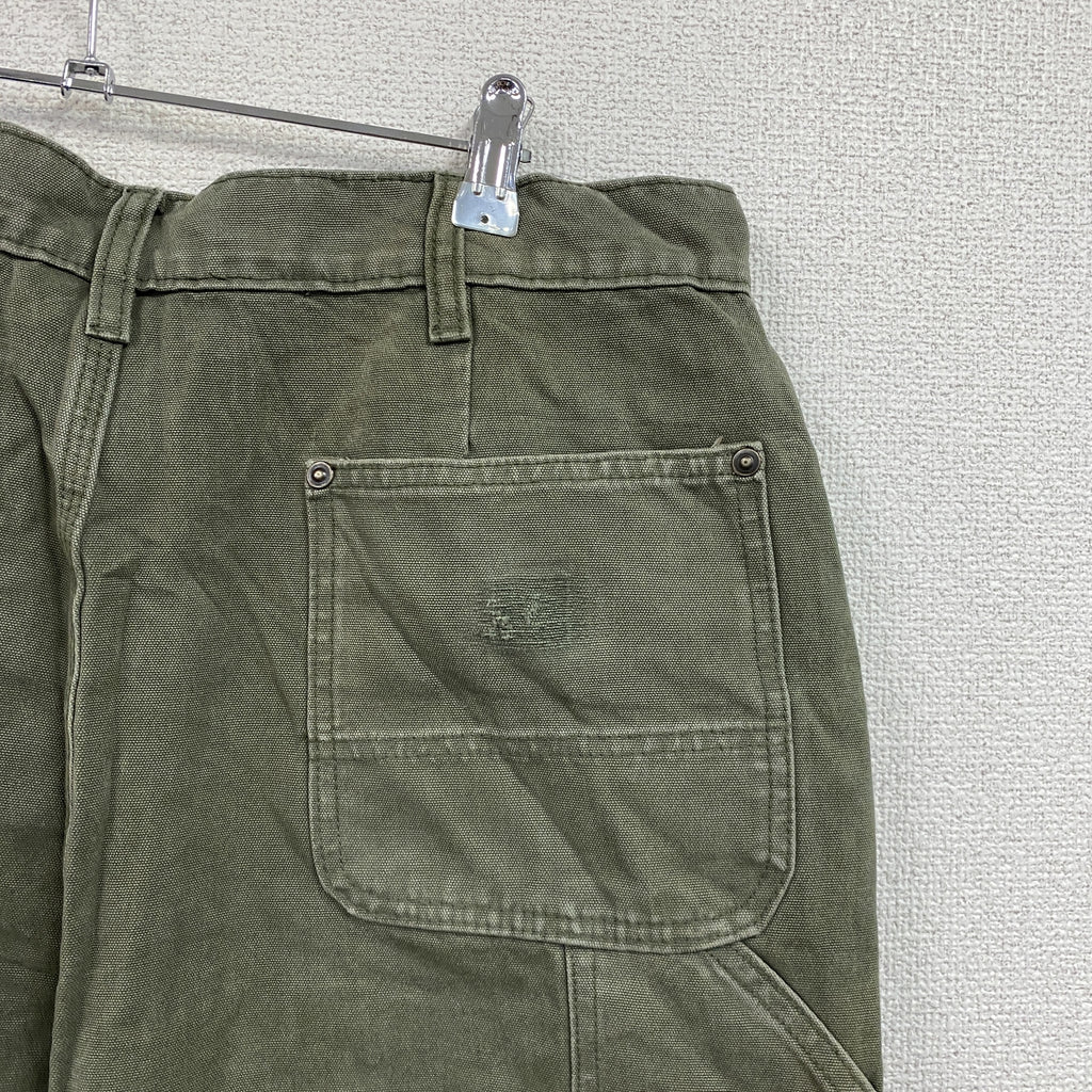 ノーブランド　ダブルニーペインターパンツ　ダックパンツ　ジップフライ　カーキ　古着