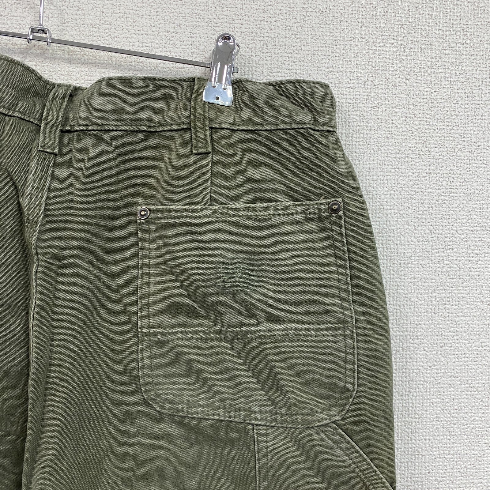 ノーブランド　ダブルニーペインターパンツ　ダックパンツ　ジップフライ　カーキ　古着