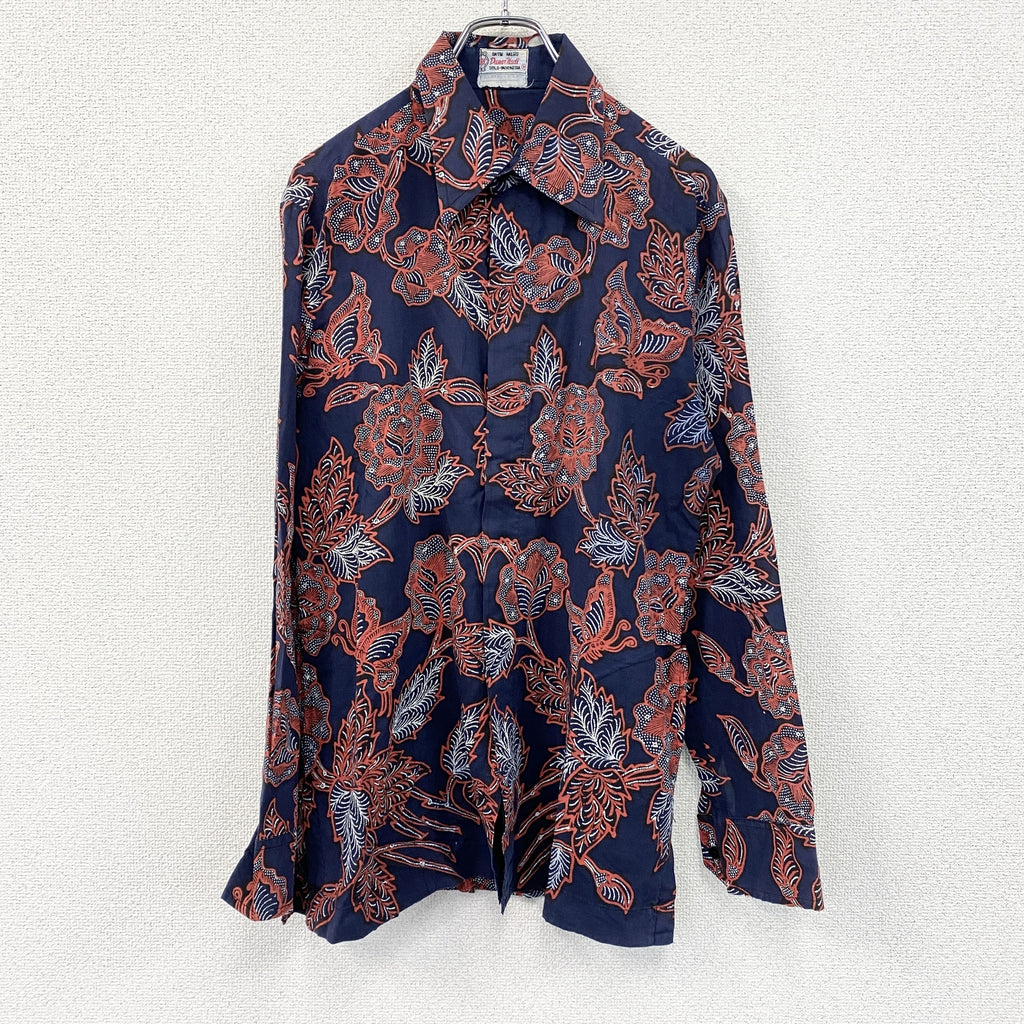 Danar Hadi　ダナルハディ　長袖プリント総柄シャツ　バティックシャツ　ネイビー　紺　Mサイズ　古着