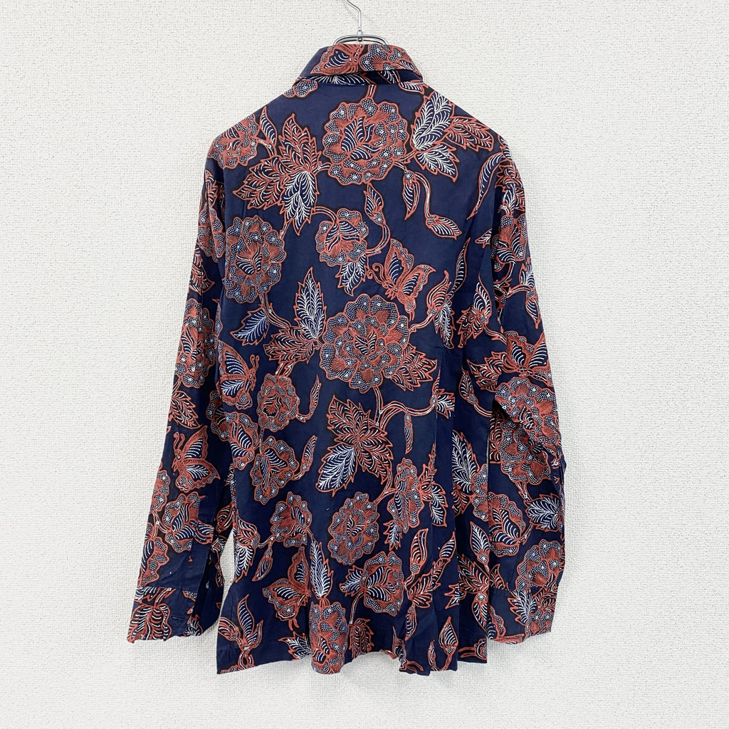 Danar Hadi　ダナルハディ　長袖プリント総柄シャツ　バティックシャツ　ネイビー　紺　Mサイズ　古着
