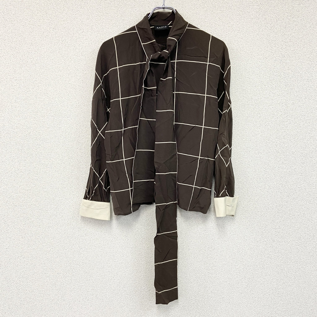 AKRIS　アクリス　ボウタイブラウス/長袖シャツ　ウィンドウペン　茶色　ブラウン　古着