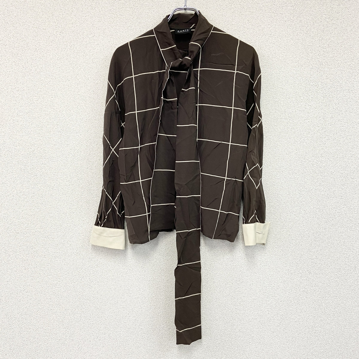 AKRIS　アクリス　ボウタイブラウス/長袖シャツ　ウィンドウペン　茶色　ブラウン　古着