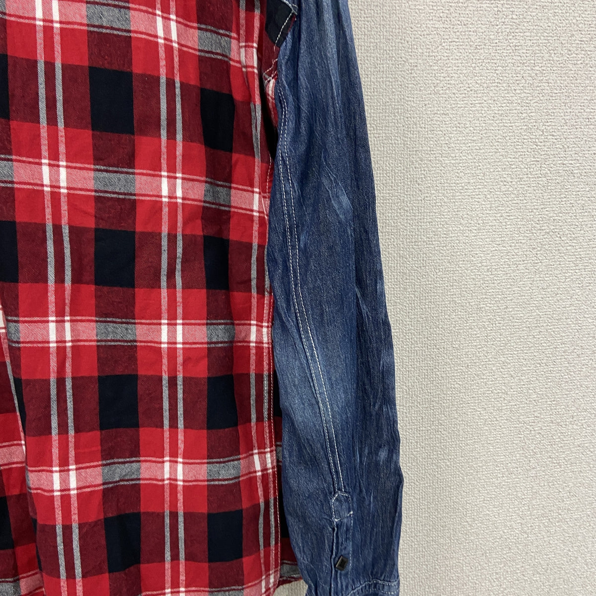 Semantic Design　セマンティックデザイン　長袖シャツ　デニムギミックシャツ　チェック柄　赤　レッド　インディゴ　Lサイズ　古着