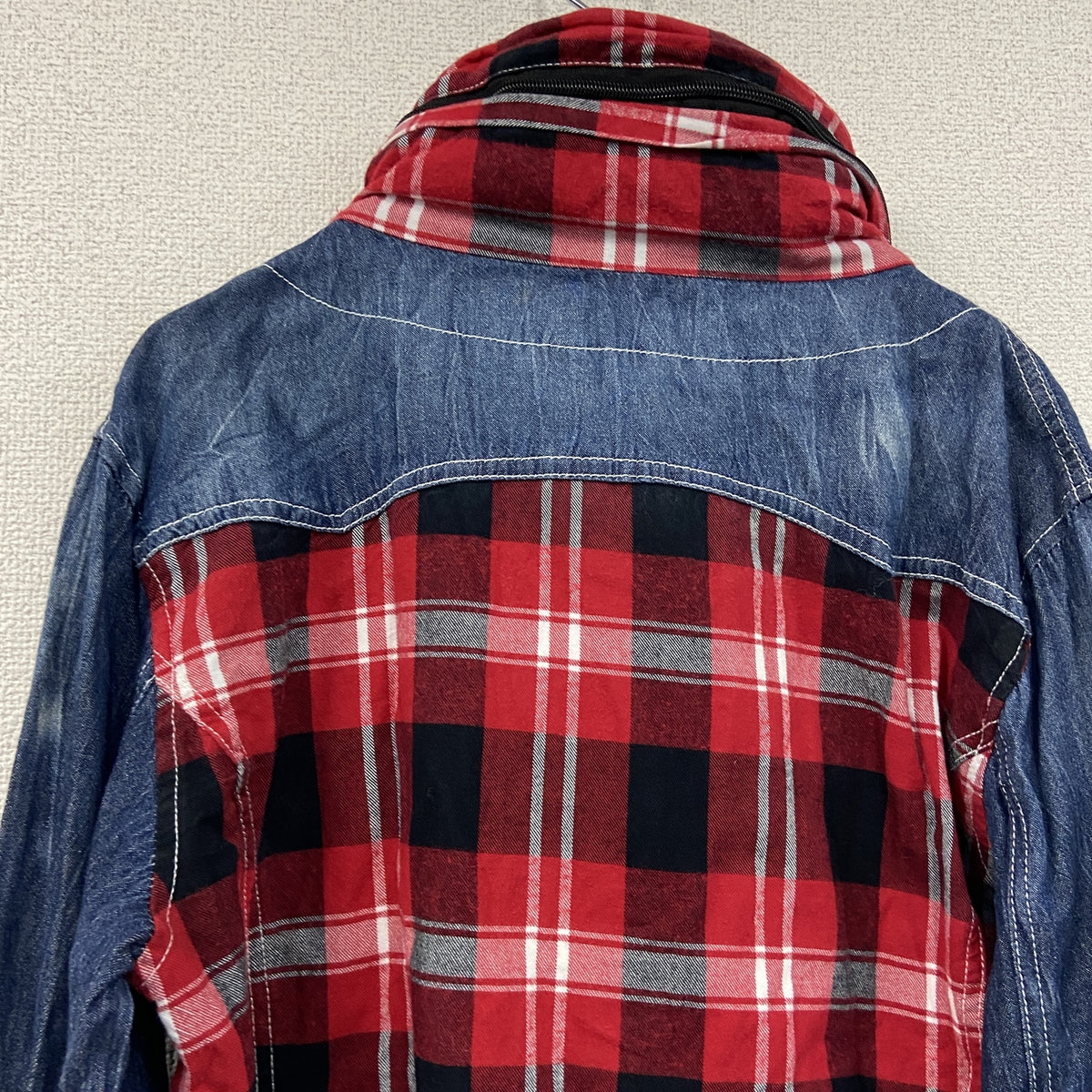 Semantic Design　セマンティックデザイン　長袖シャツ　デニムギミックシャツ　チェック柄　赤　レッド　インディゴ　Lサイズ　古着