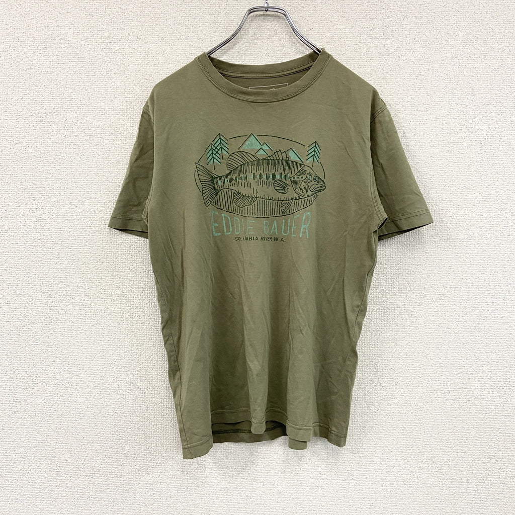 Eddie Bauer　エディーバウアー　半袖プリントTシャツ　カーキ　Mサイズ　古着